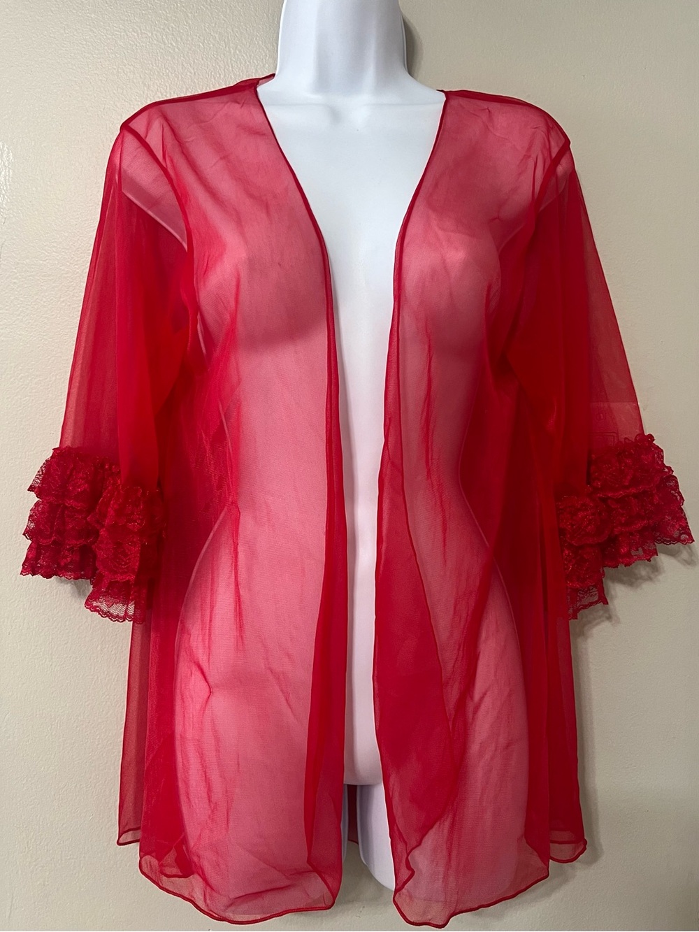 Vintage Red Sheer Nylon Peignoir Robe Lace Ruffle Cuffs Boudoir Lingerie M/L